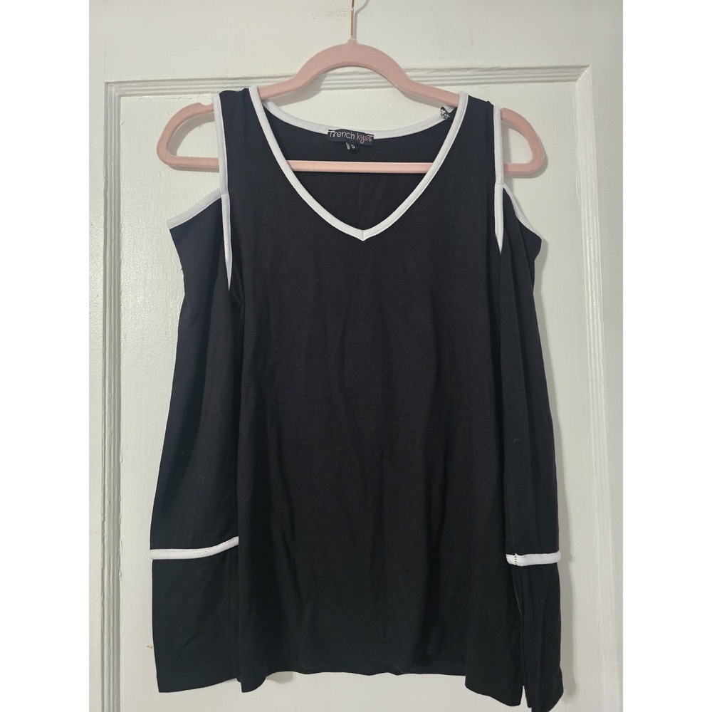 French Kyss Black Shoulder Cut Out‎ Long Sleeve Shirt Size Small White Trim